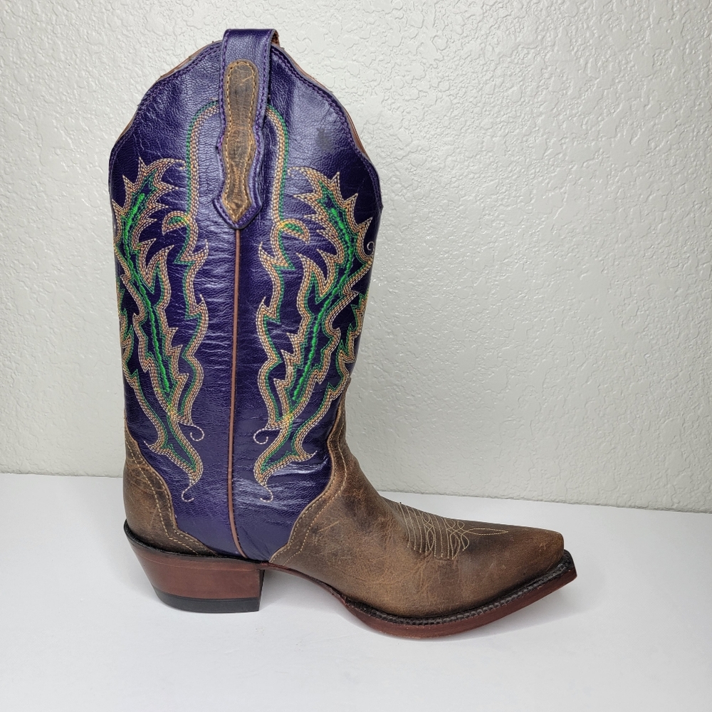 Vintage Nocona Women's Classic Brown & Purple Embroidered Leather Western Boots - Picture 8 of 12